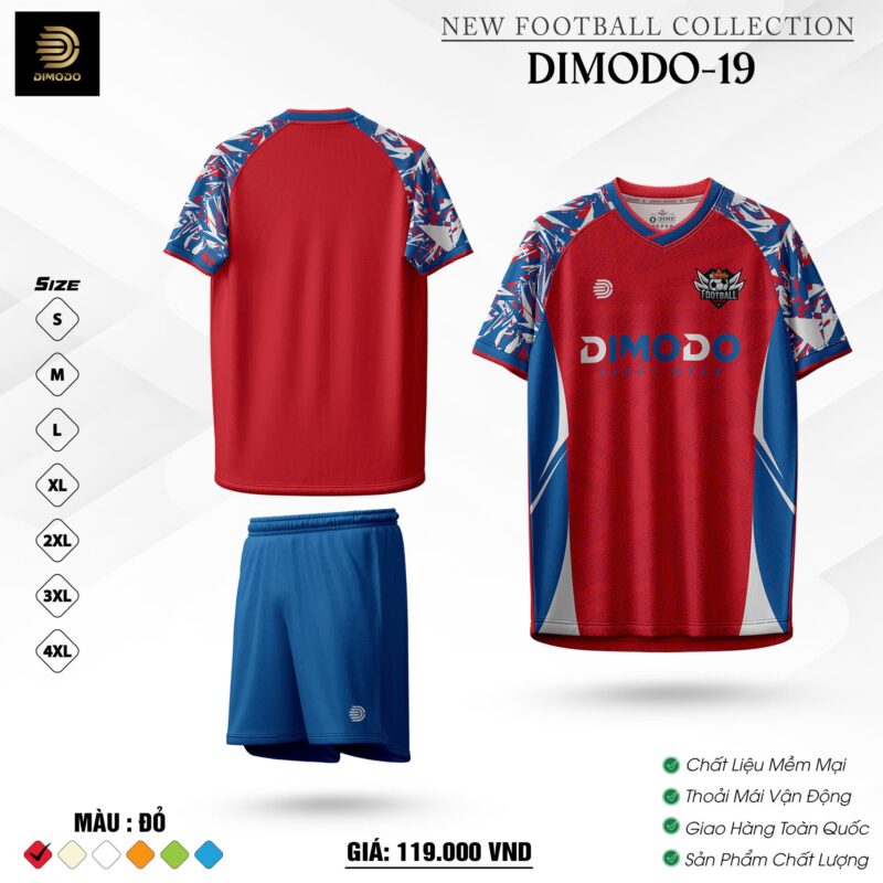 Áo bóng đá Dimodo-19 đỏ phối xanh dương – năng động và đậm chất thể thao